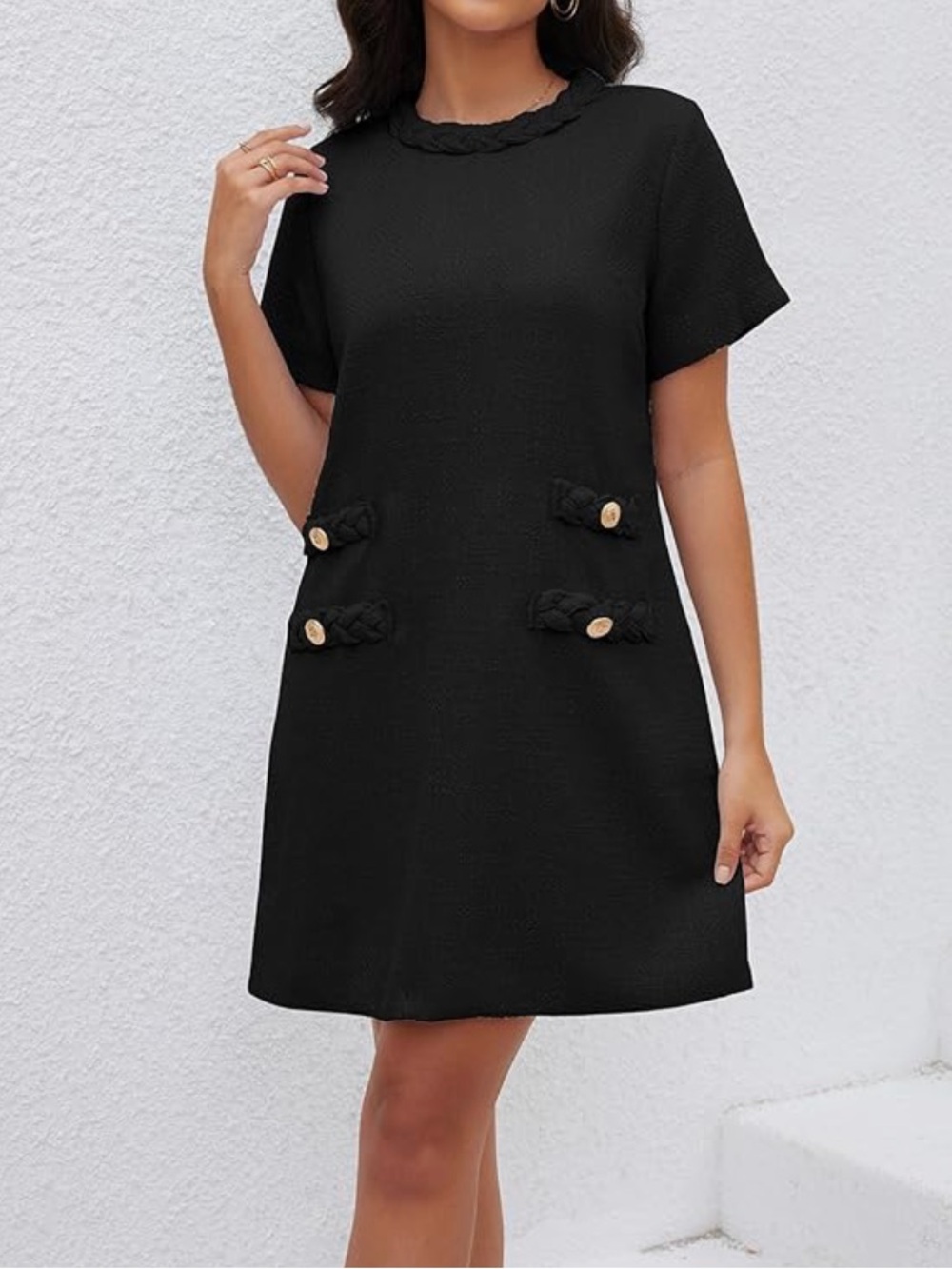 Classic Black Tweed Shift Dress with Button Accents